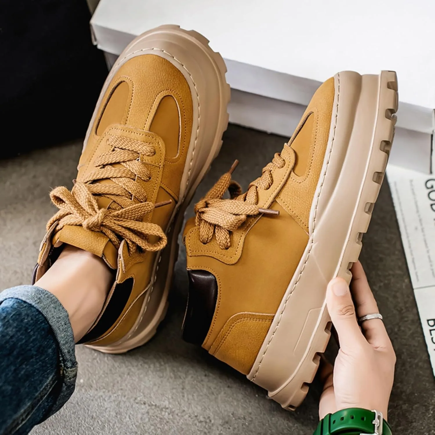 Mens Fashion Suede Leather Lace Up Platform Sneakers Casual Retro Round Toe Non Slip Flats Orthotic Sport Shoes for Walking Daily Travel