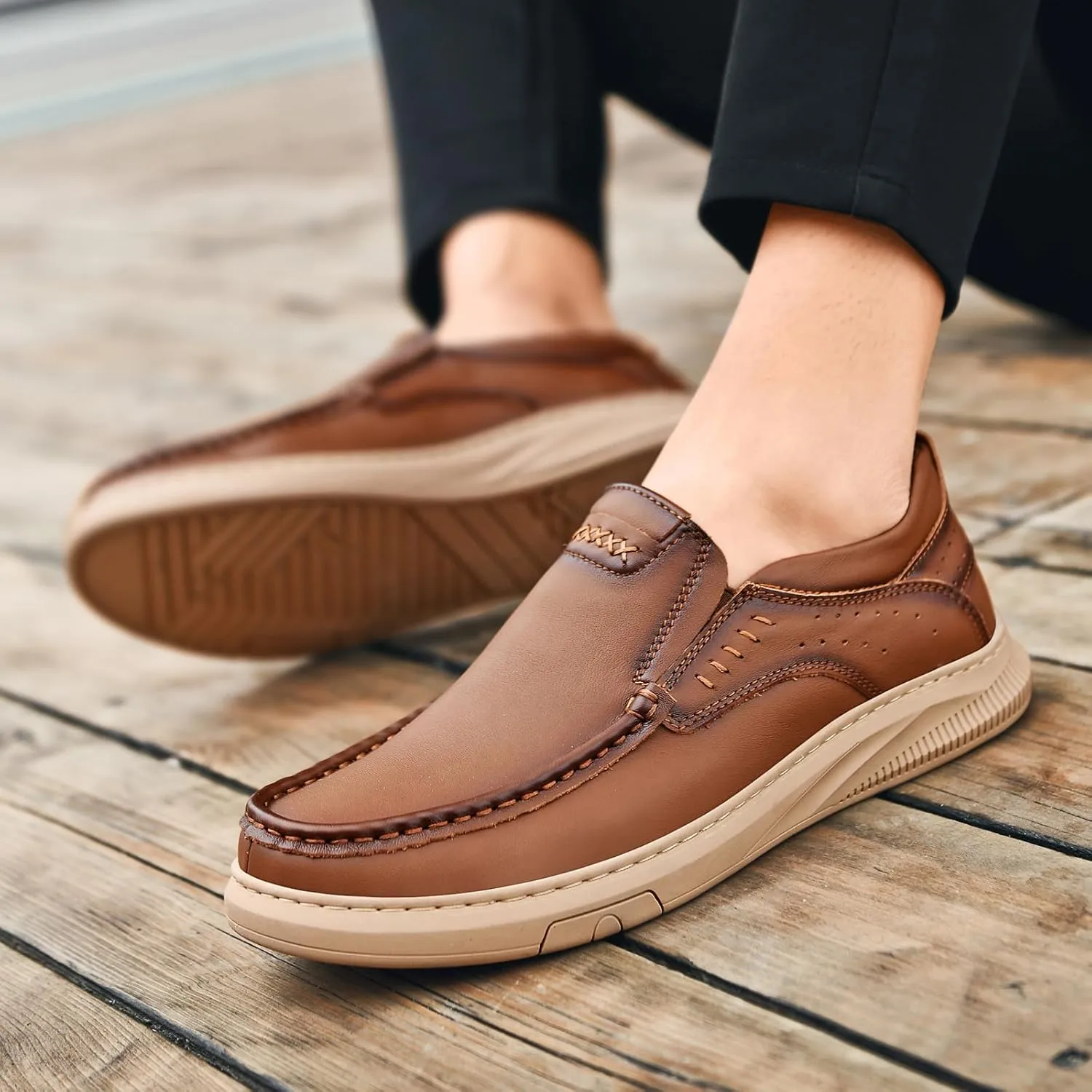 Mens Genuine Leather Handmade Loafers - Slip-On Lightweight Business Casual Dress Shoes with Slip-Resistant & Breathable Design,All-Day Comfort for Office,Driving,Walking