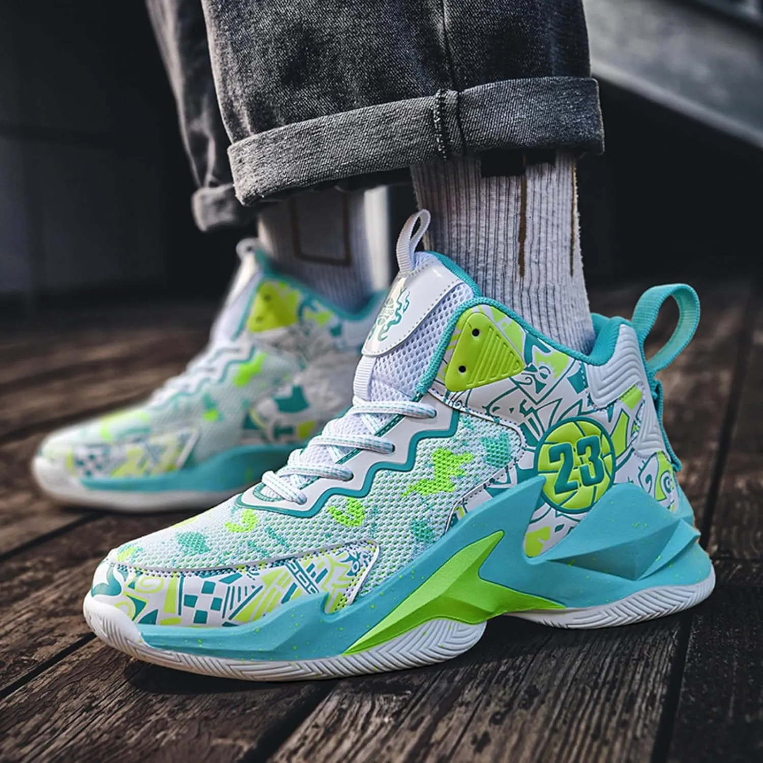 Mens High Top Lace Up Fashion Basketball Shoes with Arch Support Soft Running Shoes Non-Slip Train Sport Volleyball Sneakers