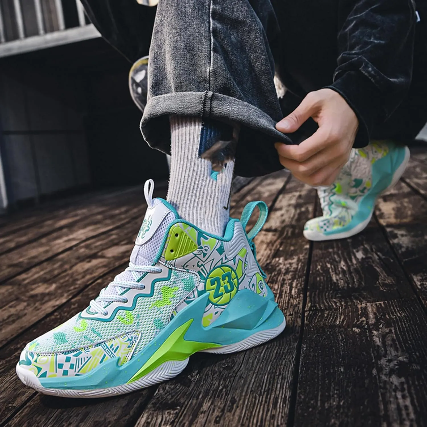 Mens High Top Lace Up Fashion Basketball Shoes with Arch Support Soft Running Shoes Non-Slip Train Sport Volleyball Sneakers