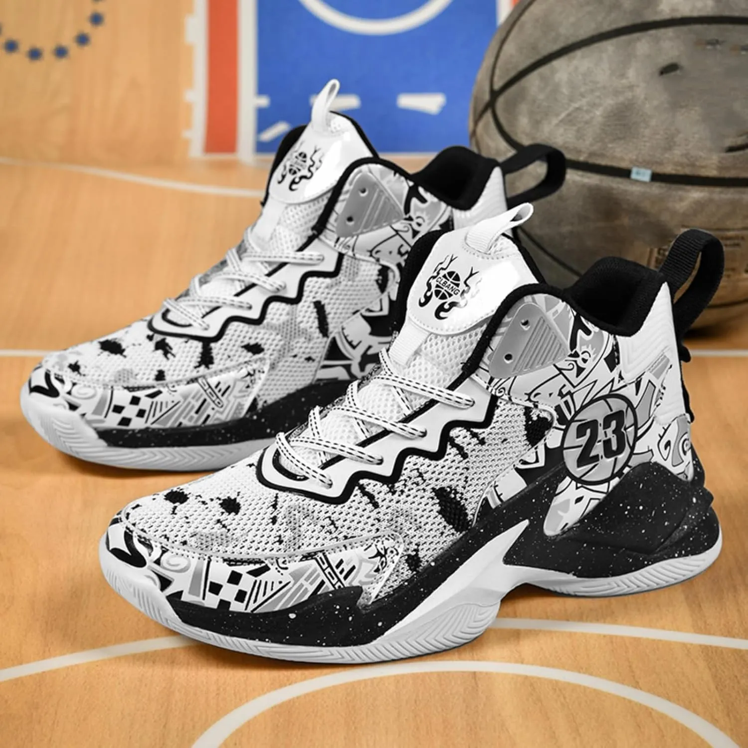 Mens High Top Lace Up Fashion Basketball Shoes with Arch Support Soft Running Shoes Non-Slip Train Sport Volleyball Sneakers