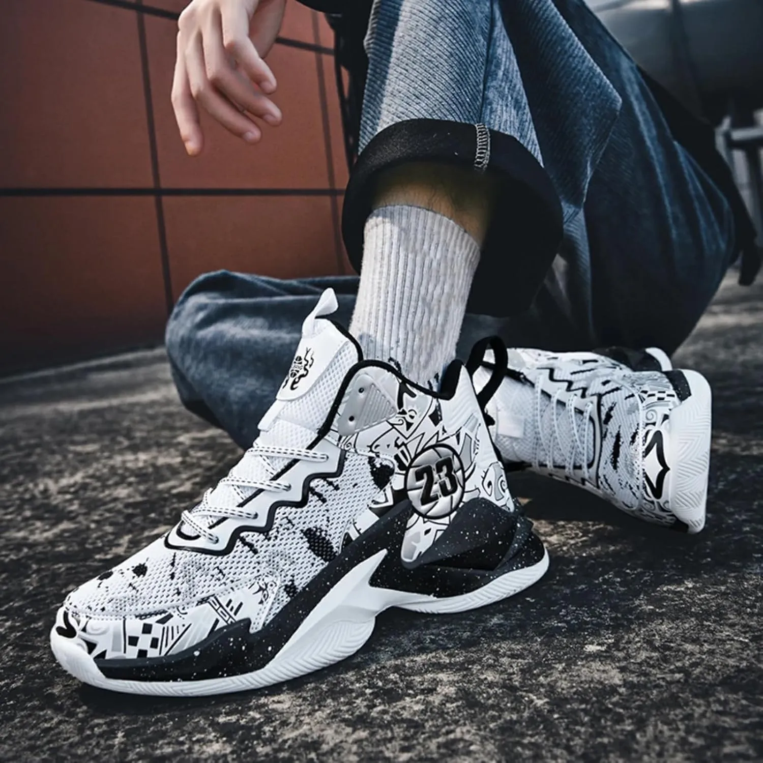 Mens High Top Lace Up Fashion Basketball Shoes with Arch Support Soft Running Shoes Non-Slip Train Sport Volleyball Sneakers