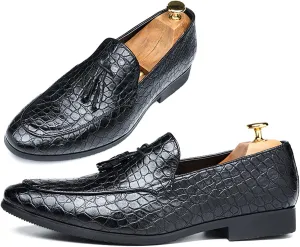 Men's Leather Driving Crocodile Printed Slip on Loafers Retro Tassel Pointed Toe Business Dress Fashion Softsole Oxford Shoes (Black,13,Men,13)