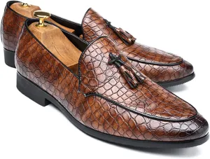 Men's Leather Driving Crocodile Printed Slip on Loafers Retro Tassel Pointed Toe Business Dress Fashion Softsole Oxford Shoes (Brown,10,Men,10)