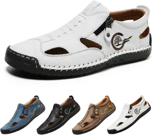 Men's Leather Fisherman Sandals Slip-On Closed Toe Breathable Loafers for Walking,Driving&Outdoor Side Zipper Hand-Sewn Comfort
