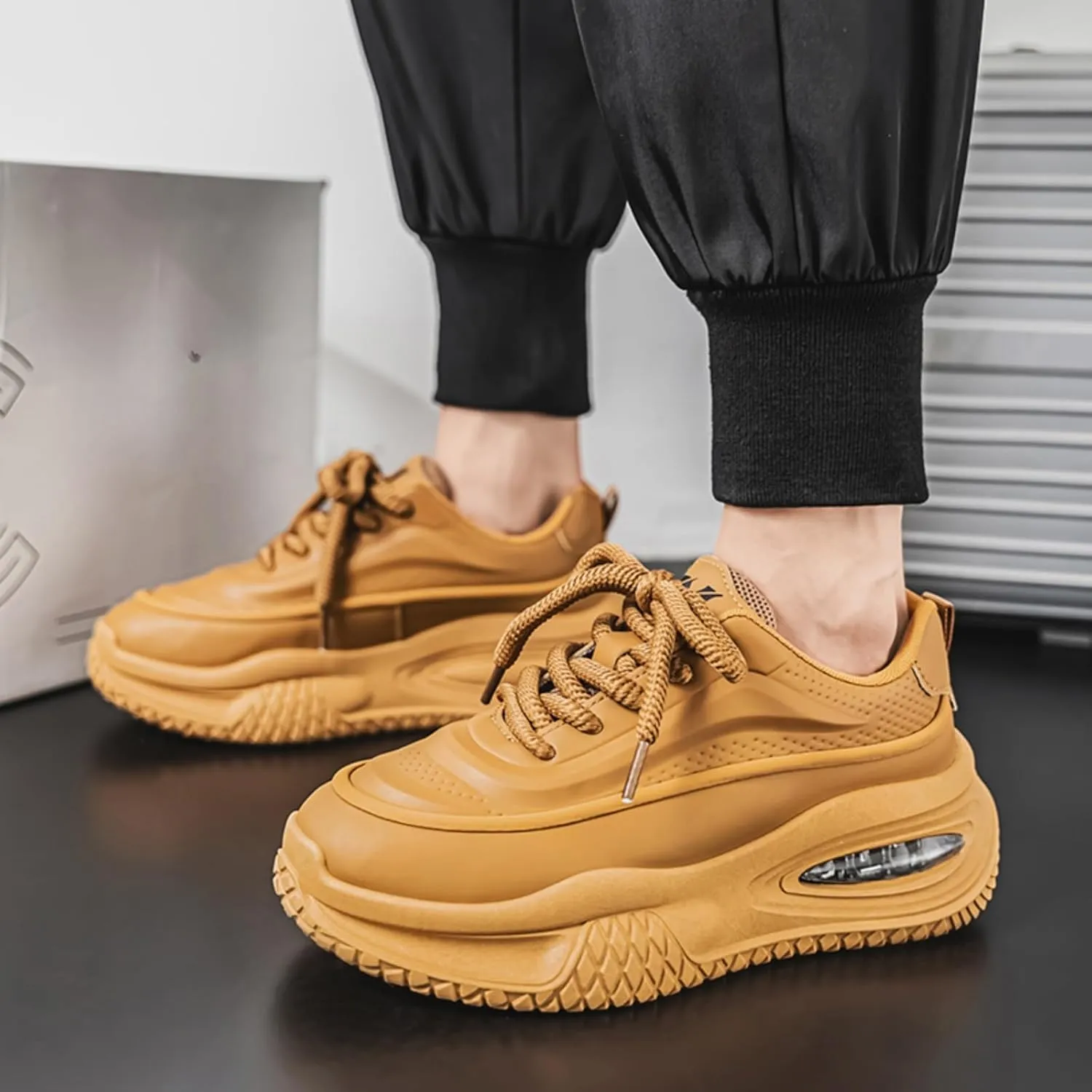 Mens Leather Lace Up Platform Sneakers with Fur Lined Casual Non-Slip Shock Absorbing Heighten Fashion Winter Warm Walking Workout Dad Shoes