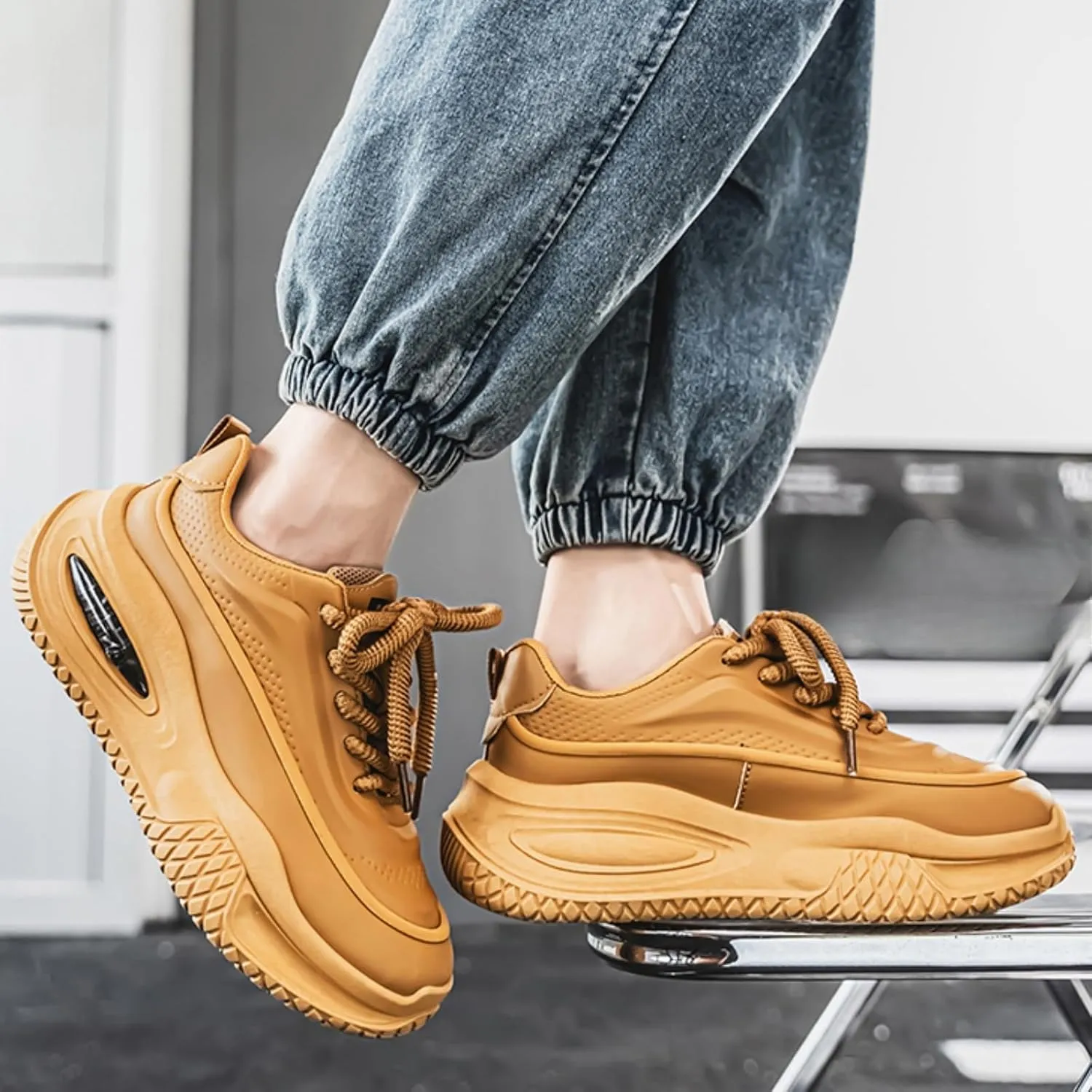 Mens Leather Lace Up Platform Sneakers with Fur Lined Casual Non-Slip Shock Absorbing Heighten Fashion Winter Warm Walking Workout Dad Shoes
