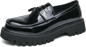 Mens Leather Slip-On Platform Dress Tassels Loafers Non-Slip Low Top Round Toe Chunky Penny Shoes for Business Casual Dress Prom Party