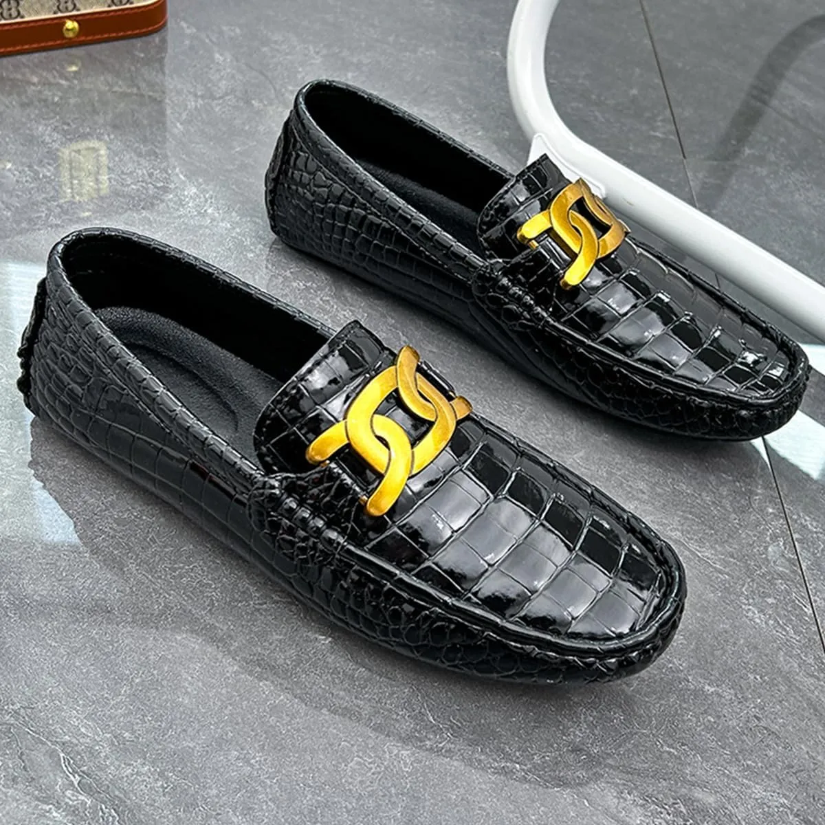 Men's Loafers Casual Slip On Loafers with Crocodile Embossed Metal Buckle Black Penny Loafers Comfortable Lightweight Driving Boat Shoes