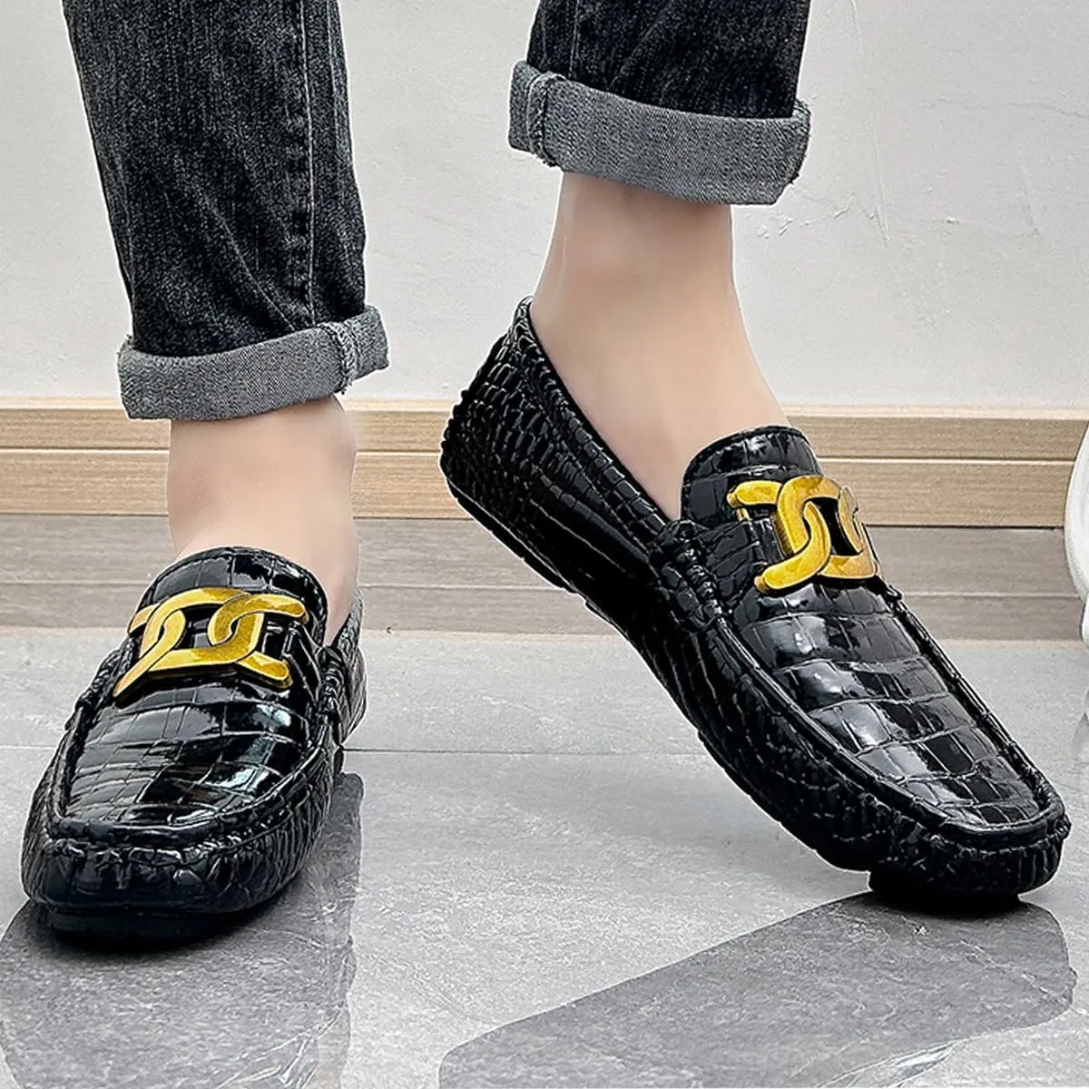 Men's Loafers Casual Slip On Loafers with Crocodile Embossed Metal Buckle Black Penny Loafers Comfortable Lightweight Driving Boat Shoes