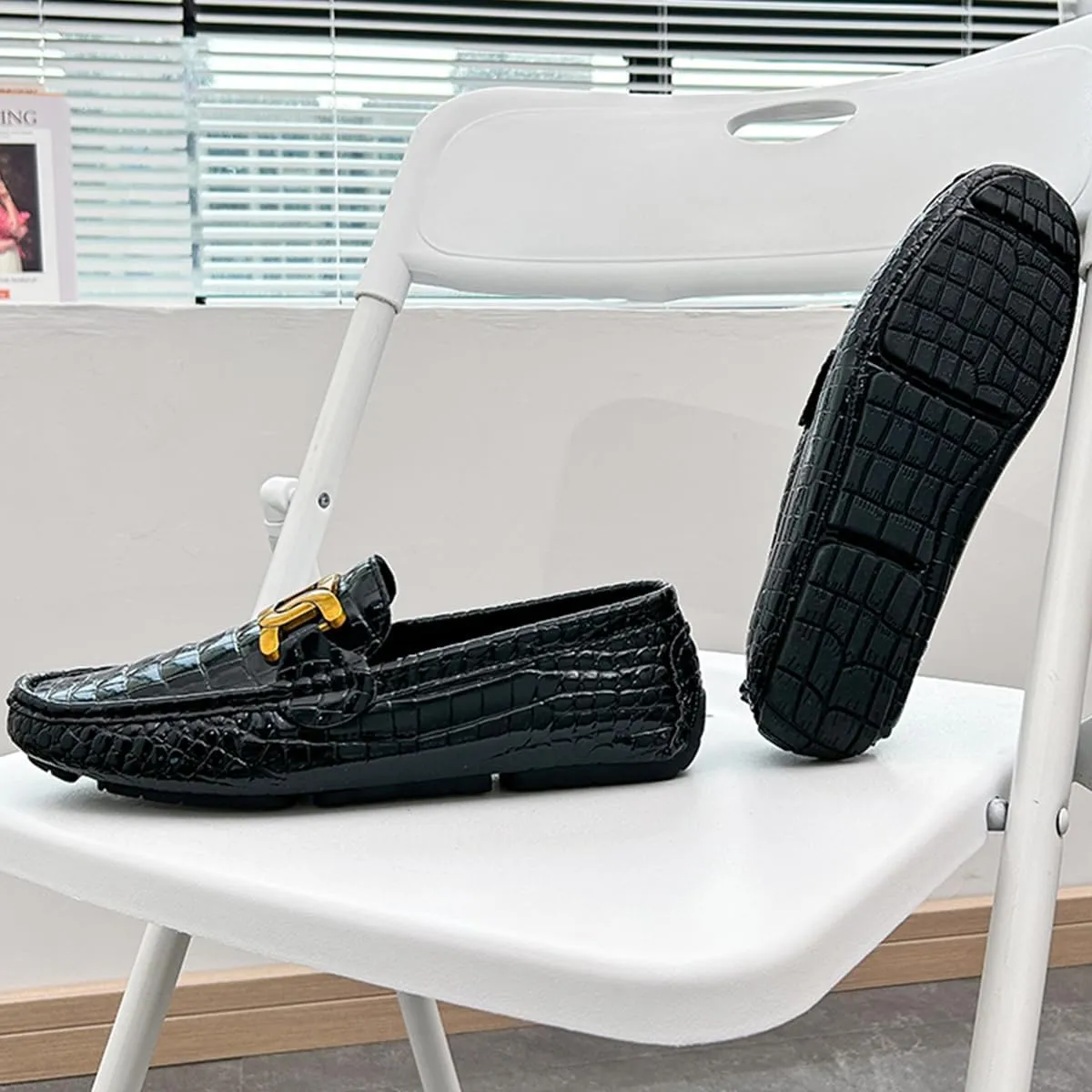 Men's Loafers Casual Slip On Loafers with Crocodile Embossed Metal Buckle Black Penny Loafers Comfortable Lightweight Driving Boat Shoes