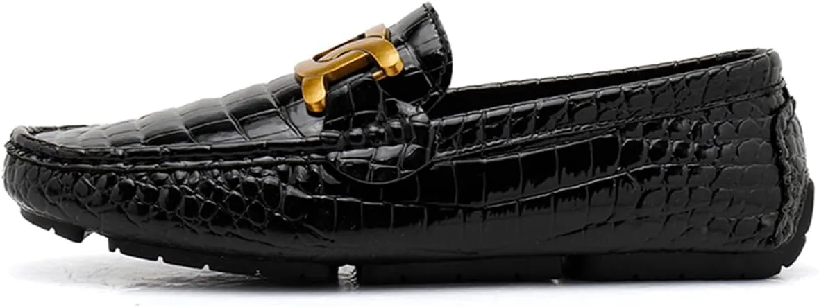 Men's Loafers Casual Slip On Loafers with Crocodile Embossed Metal Buckle Black Penny Loafers Comfortable Lightweight Driving Boat Shoes