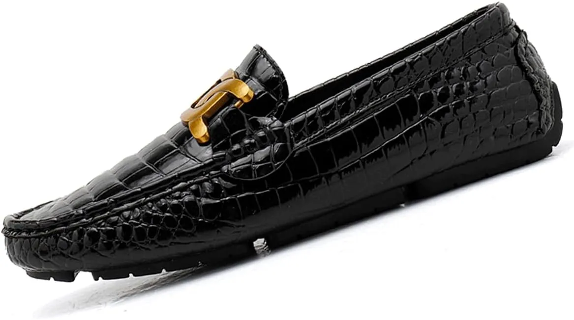 Men's Loafers Casual Slip On Loafers with Crocodile Embossed Metal Buckle Black Penny Loafers Comfortable Lightweight Driving Boat Shoes