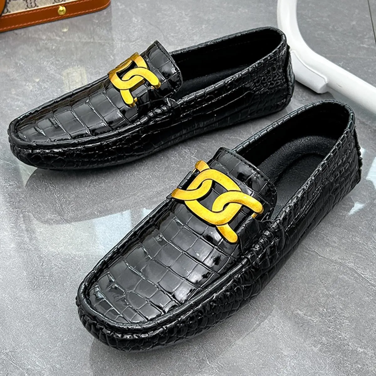 Men's Loafers Casual Slip On Loafers with Crocodile Embossed Metal Buckle Black Penny Loafers Comfortable Lightweight Driving Boat Shoes