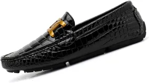 Men's Loafers Casual Slip On Loafers with Crocodile Embossed Metal Buckle Black Penny Loafers Comfortable Lightweight Driving Boat Shoes