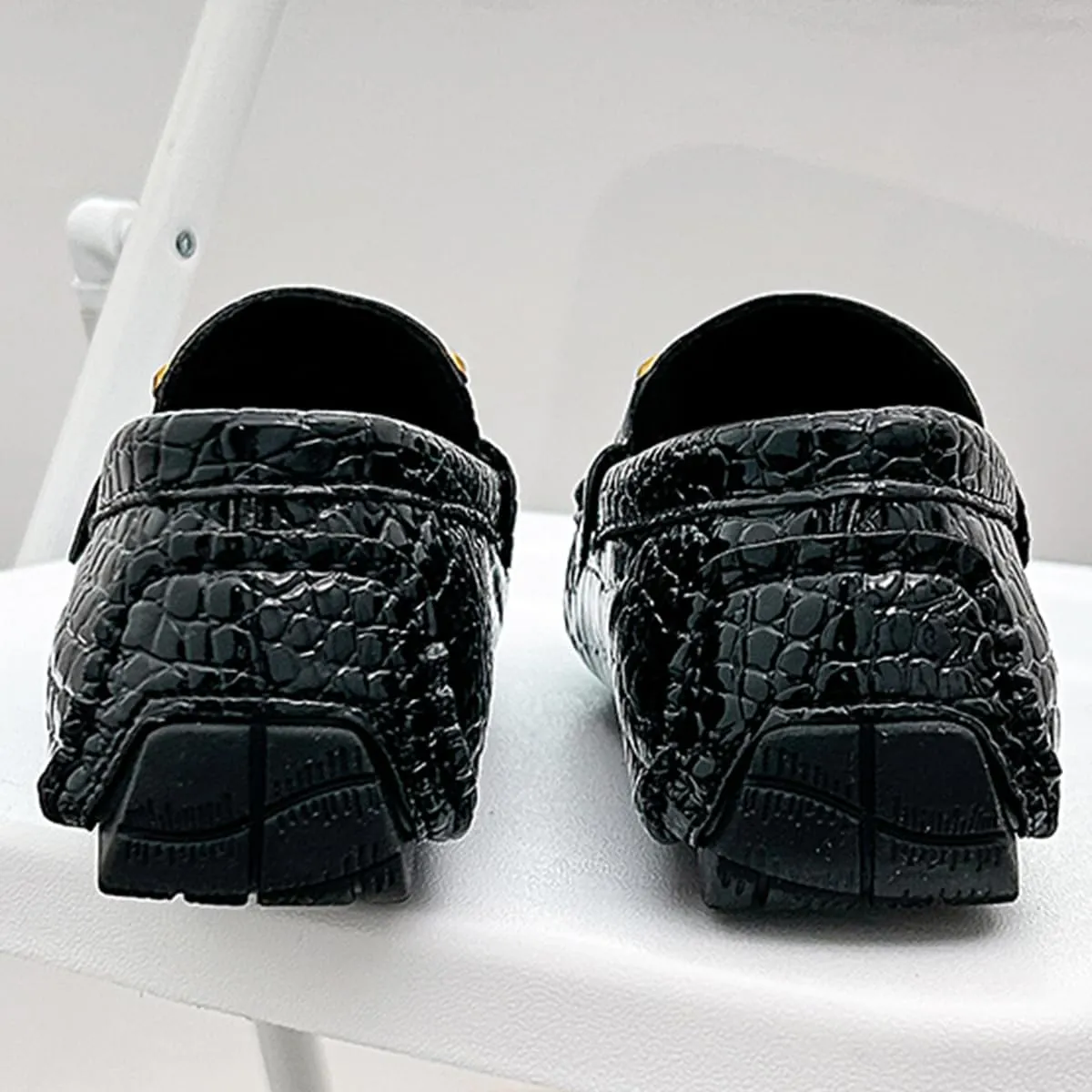 Men's Loafers Casual Slip On Loafers with Crocodile Embossed Metal Buckle Black Penny Loafers Comfortable Lightweight Driving Boat Shoes