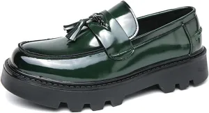 Men's Patent Leather Tassel Platform Slip-On Dress Loafers Non-Slip Round Toe Penny Shoes for Formal Business Work Wedding