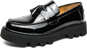Men's Patent Leather Tassel Platform Slip-On Dress Loafers Non-Slip Round Toe Penny Shoes for Formal Business Work Wedding