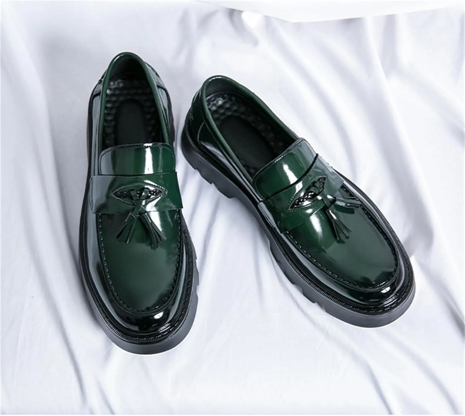 Men's Patent Leather Tassel Platform Slip-On Dress Loafers Non-Slip Round Toe Penny Shoes for Formal Business Work Wedding