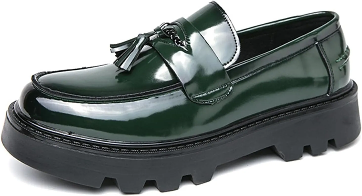Men's Patent Leather Tassel Platform Slip-On Dress Loafers Non-Slip Round Toe Penny Shoes for Formal Business Work Wedding