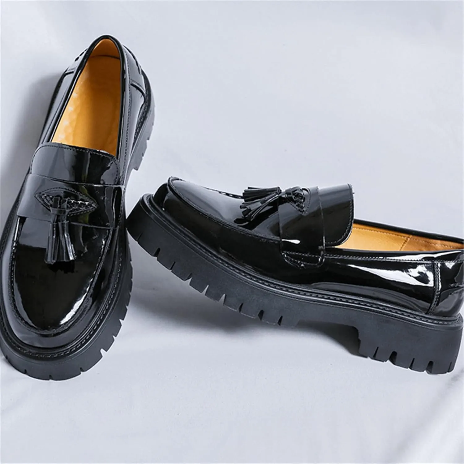 Men's Patent Leather Tassel Platform Slip-On Dress Loafers Non-Slip Round Toe Penny Shoes for Formal Business Work Wedding