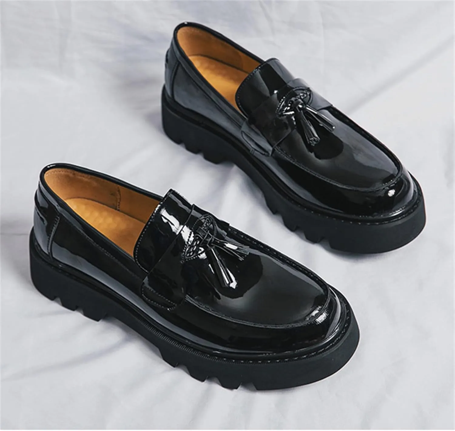 Men's Patent Leather Tassel Platform Slip-On Dress Loafers Non-Slip Round Toe Penny Shoes for Formal Business Work Wedding