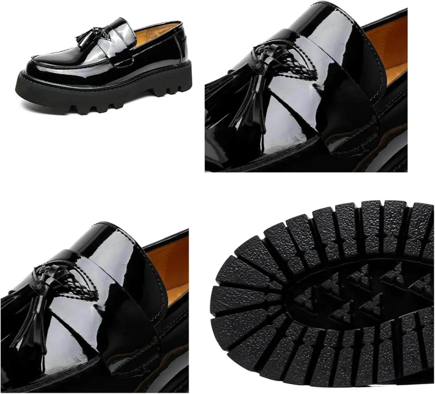 Men's Patent Leather Tassel Platform Slip-On Dress Loafers Non-Slip Round Toe Penny Shoes for Formal Business Work Wedding