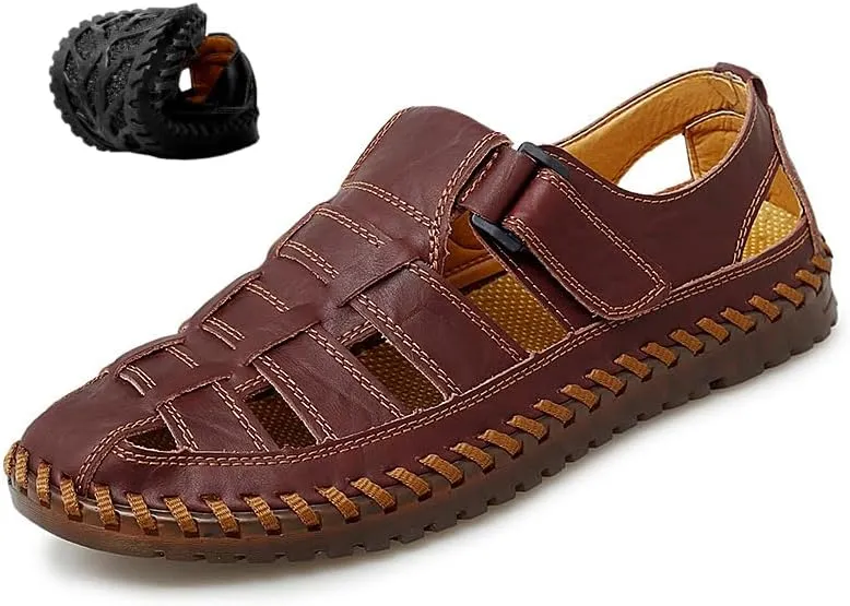 Men's Sport Sandals Closed Toe Outdoor Handmade Leather Sandal,Breathable Fisherman Shoes Closed Toe Leather Loafters