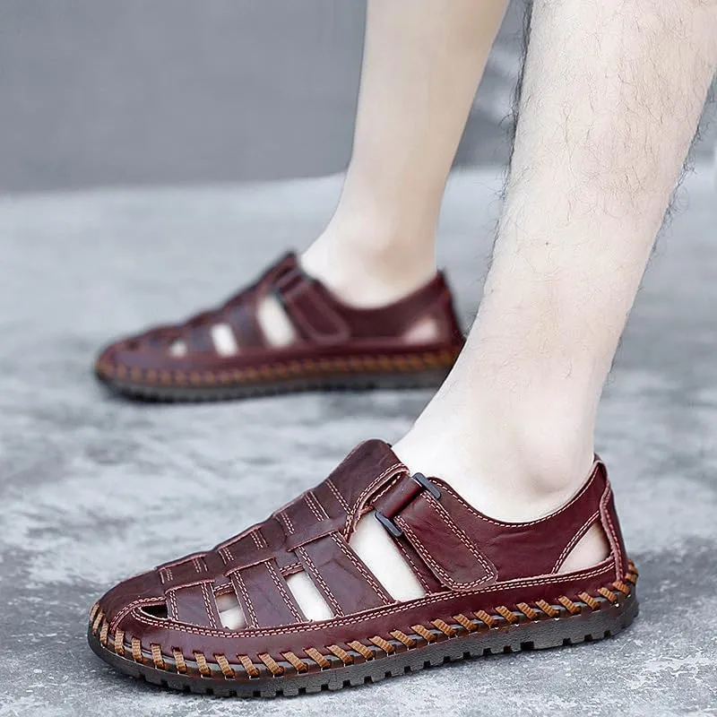 Men's Sport Sandals Closed Toe Outdoor Handmade Leather Sandal,Breathable Fisherman Shoes Closed Toe Leather Loafters