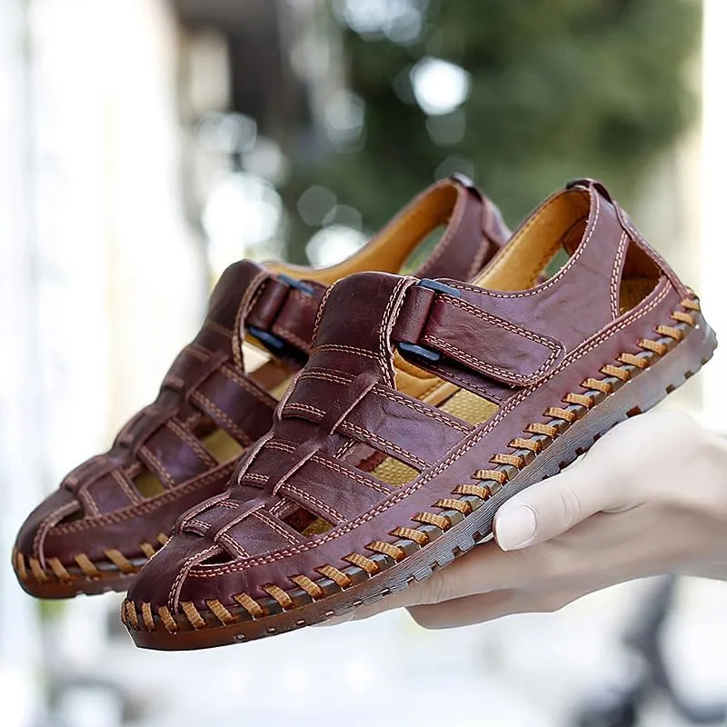Men's Sport Sandals Closed Toe Outdoor Handmade Leather Sandal,Breathable Fisherman Shoes Closed Toe Leather Loafters