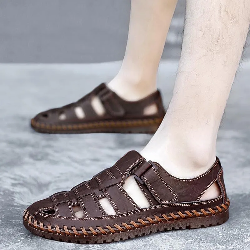 Men's Sport Sandals Closed Toe Outdoor Handmade Leather Sandal,Breathable Fisherman Shoes Closed Toe Leather Loafters