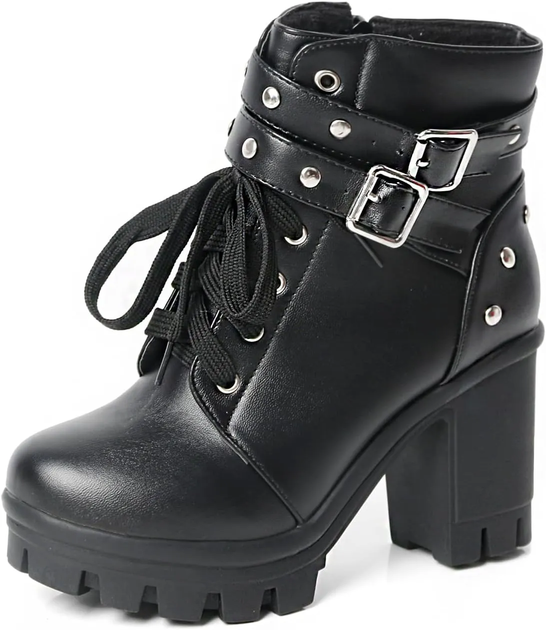 MEOTINA Goth Platform Boots Lace Buckle Gothic Cosplay Booties Chunky High Heels Ankle Boots Zipper Punk Shoes