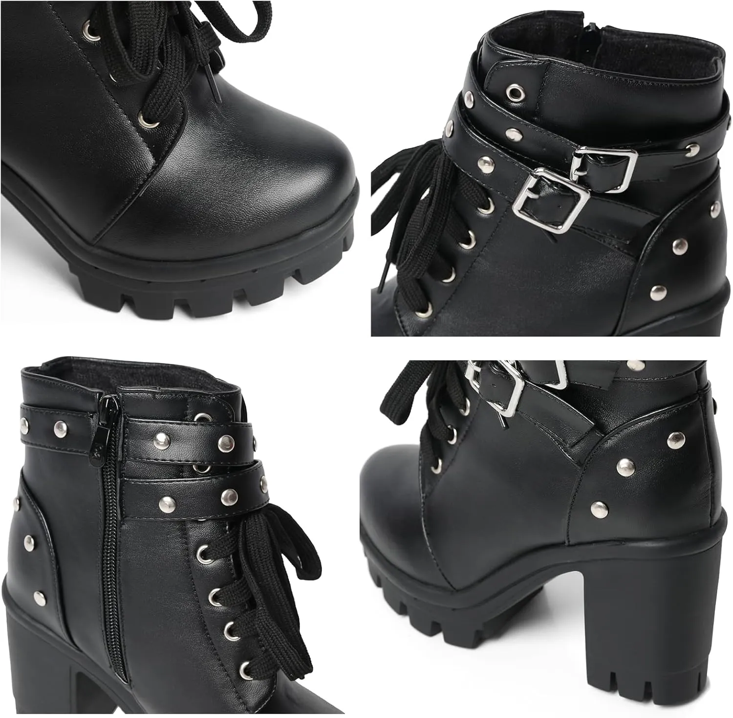 MEOTINA Goth Platform Boots Lace Buckle Gothic Cosplay Booties Chunky High Heels Ankle Boots Zipper Punk Shoes