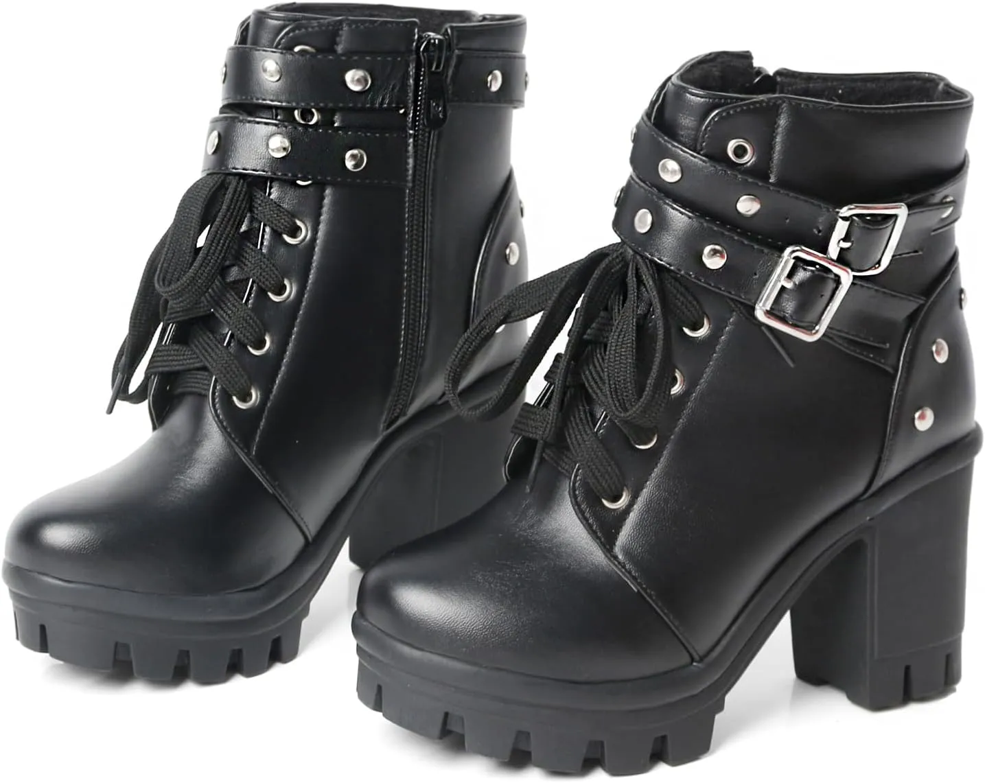 MEOTINA Goth Platform Boots Lace Buckle Gothic Cosplay Booties Chunky High Heels Ankle Boots Zipper Punk Shoes