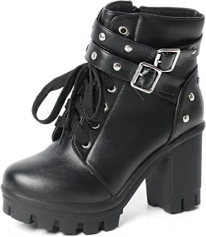 MEOTINA Goth Platform Boots Lace Buckle Gothic Cosplay Booties Chunky High Heels Ankle Boots Zipper Punk Shoes