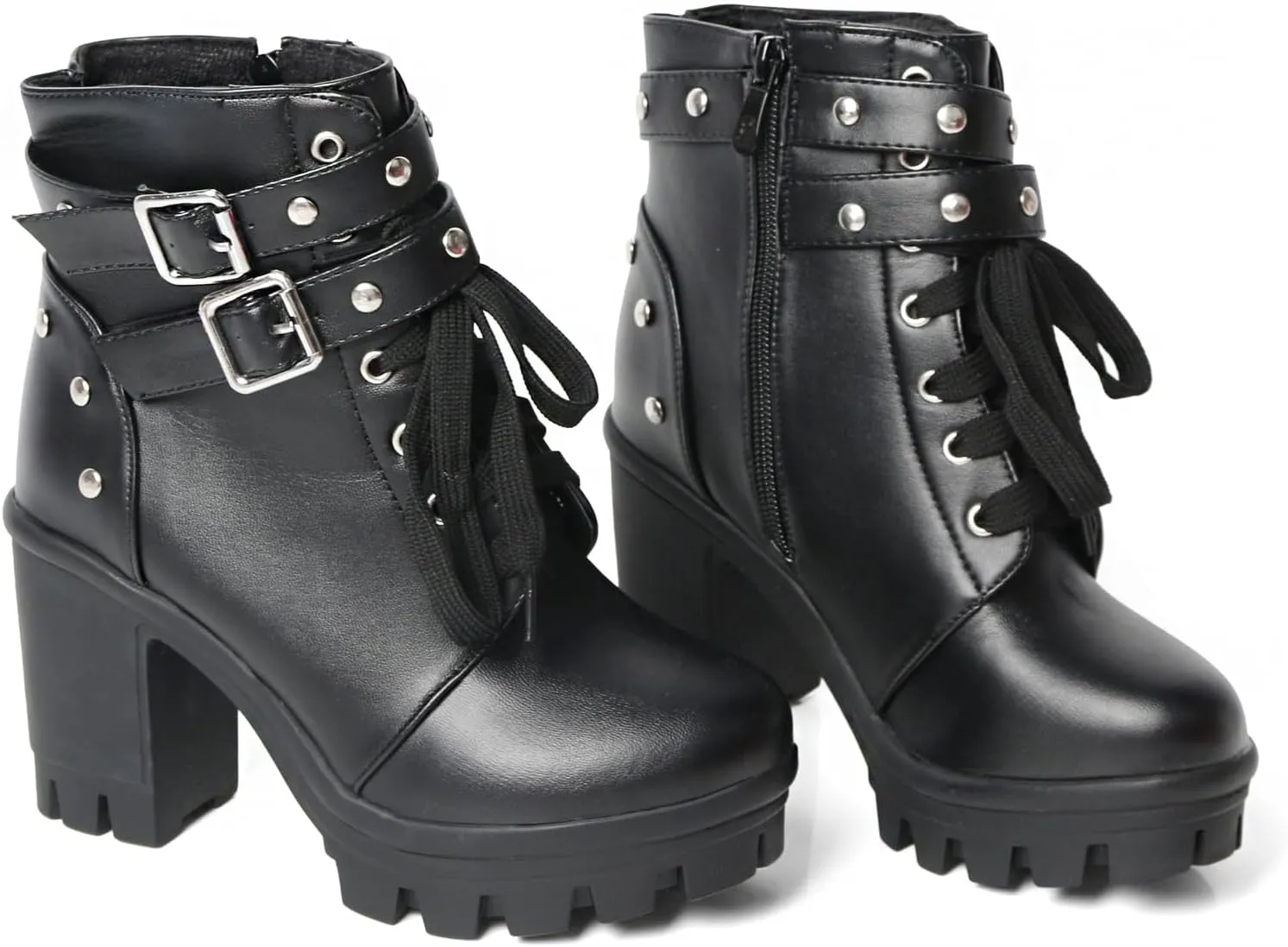 MEOTINA Goth Platform Boots Lace Buckle Gothic Cosplay Booties Chunky High Heels Ankle Boots Zipper Punk Shoes