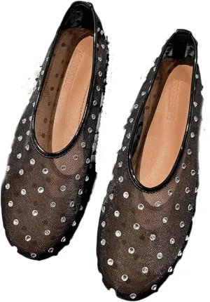 Mesh Ballet Flats For Women 2024 Summer Rhinestones Mesh Flat Sandals Casual Dressy Ballerina Flats Without Straps