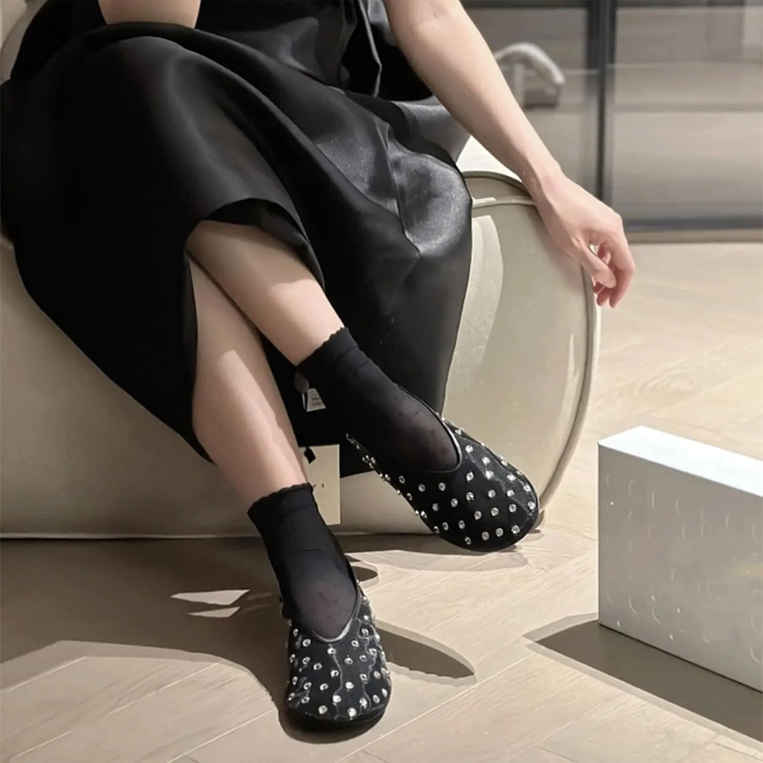 Mesh Ballet Flats For Women 2024 Summer Rhinestones Mesh Flat Sandals Casual Dressy Ballerina Flats Without Straps