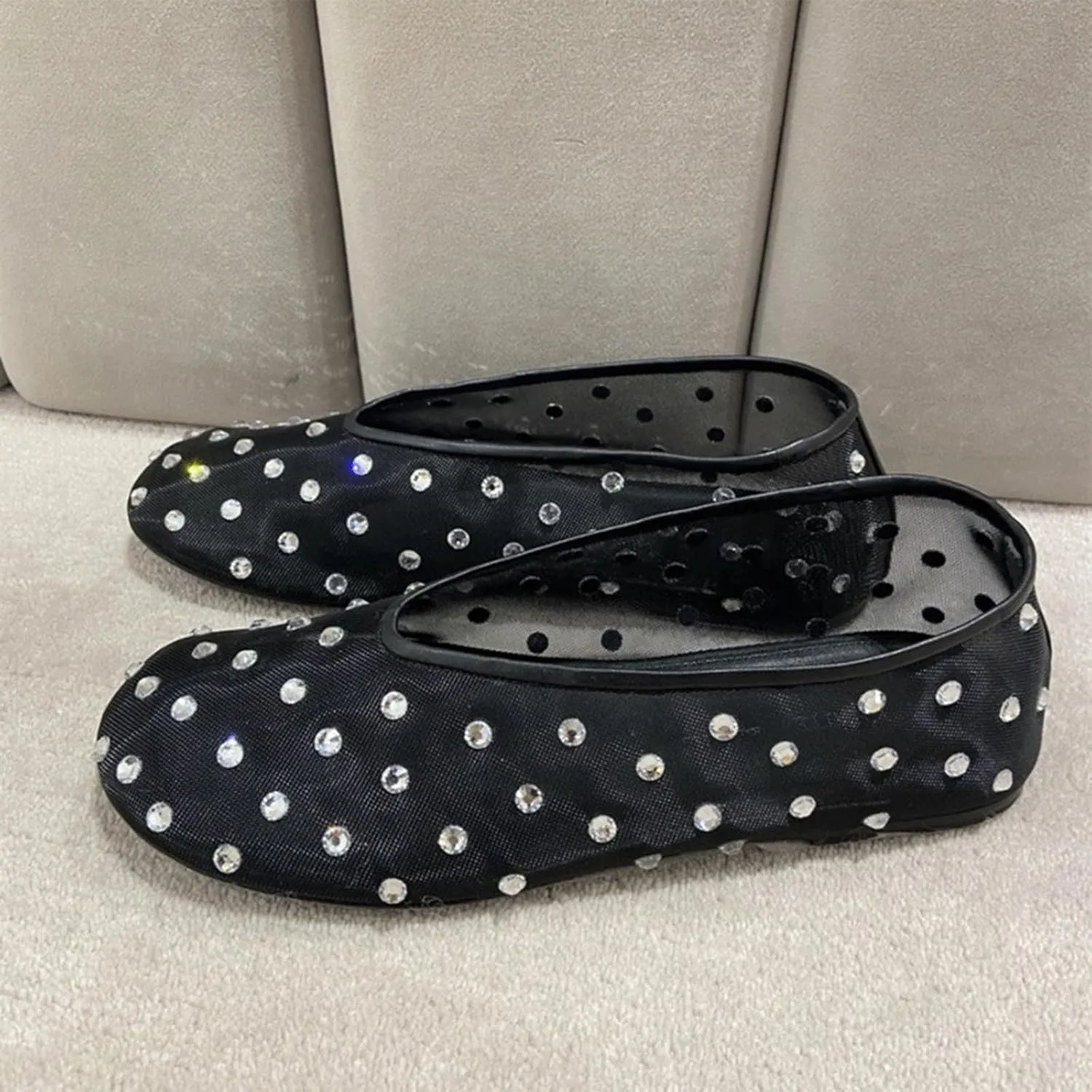 Mesh Ballet Flats For Women 2024 Summer Rhinestones Mesh Flat Sandals Casual Dressy Ballerina Flats Without Straps