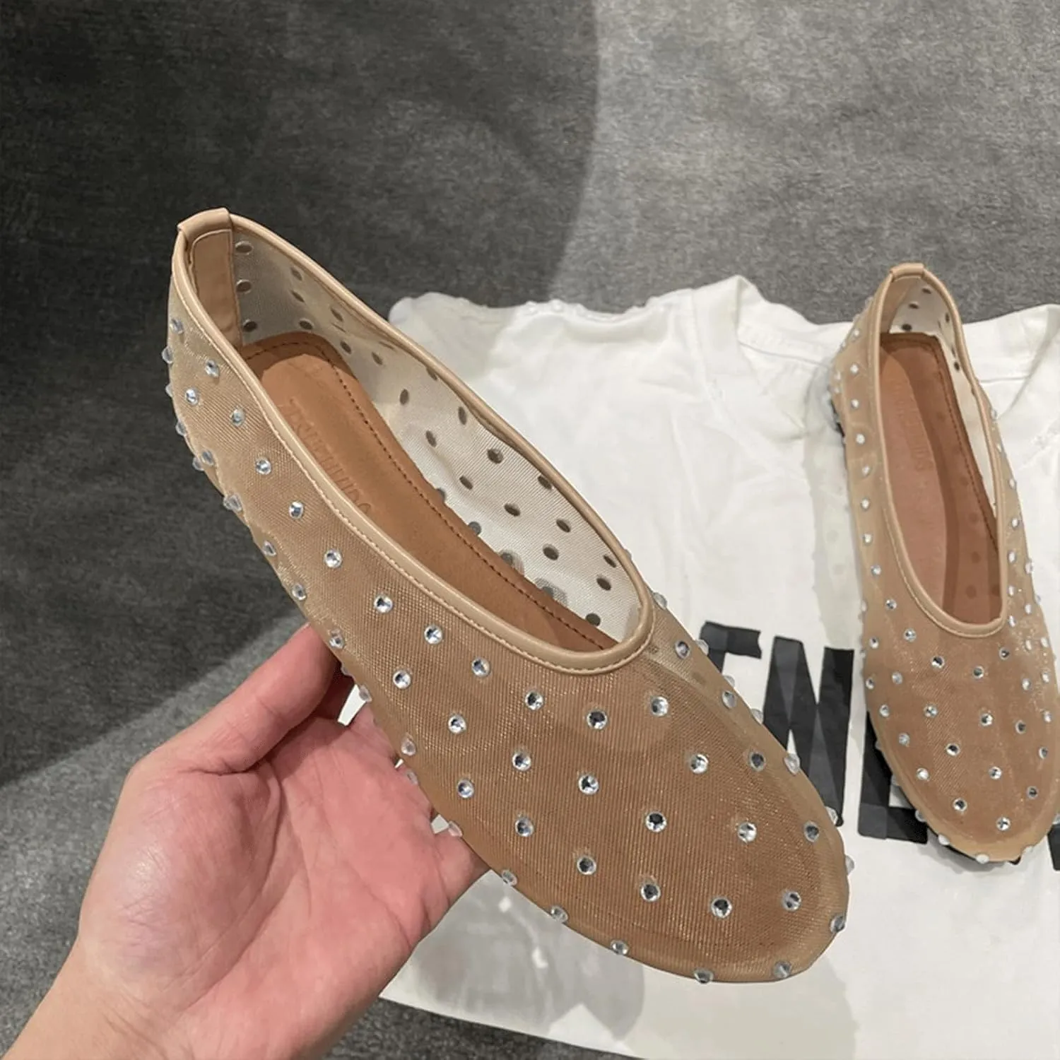 Mesh Ballet Flats For Women 2024 Summer Rhinestones Mesh Flat Sandals Casual Dressy Ballerina Flats Without Straps