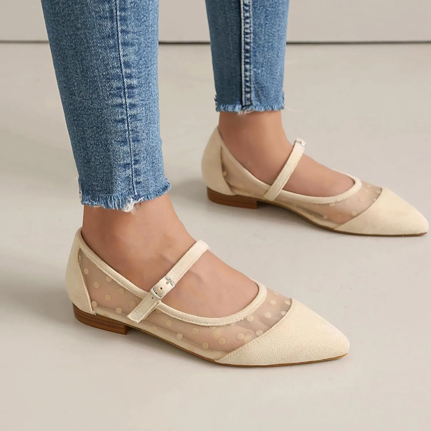 Mesh Ballet Flats for Women Point Toe Splicing Dot Tulle Ballerina Shoes with Adjustable Ankle Strap Comfortable Casual Work Dress Office Womens Flats Shoes