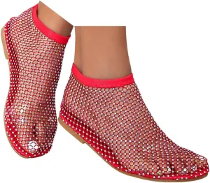 Mesh Ballet Flats for Women Slip On Shiny Mesh Flats Round Toe Sparkly Rhinestone Sandals Sexy Fishnet Sandals Beach Casual Dress Flats Comfortable