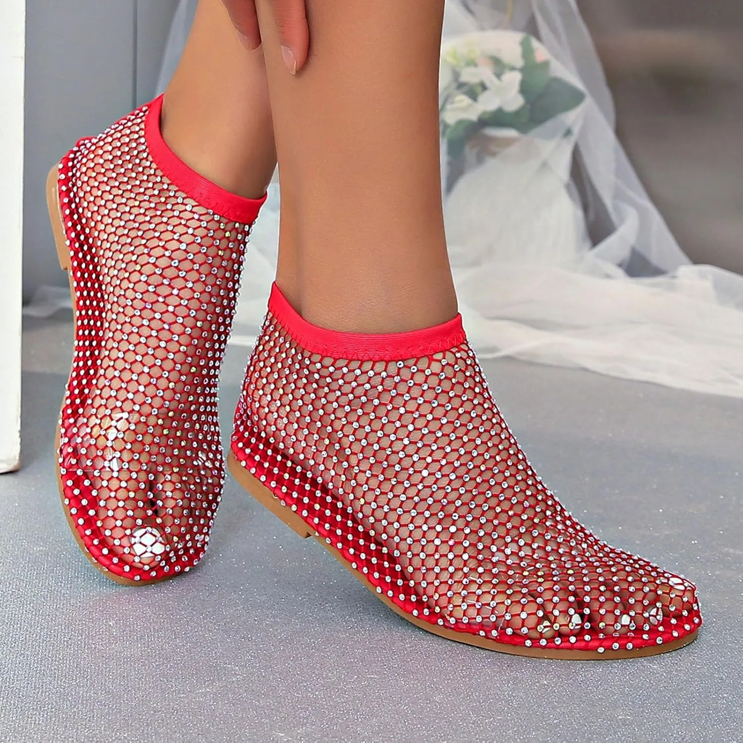 Mesh Ballet Flats for Women Slip On Shiny Mesh Flats Round Toe Sparkly Rhinestone Sandals Sexy Fishnet Sandals Beach Casual Dress Flats Comfortable