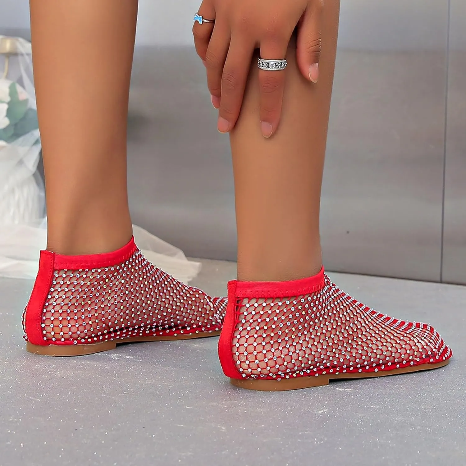 Mesh Ballet Flats for Women Slip On Shiny Mesh Flats Round Toe Sparkly Rhinestone Sandals Sexy Fishnet Sandals Beach Casual Dress Flats Comfortable