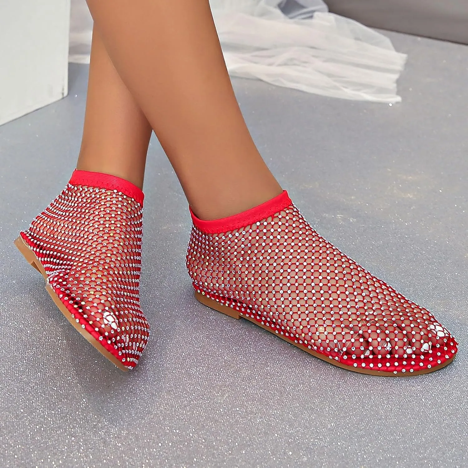 Mesh Ballet Flats for Women Slip On Shiny Mesh Flats Round Toe Sparkly Rhinestone Sandals Sexy Fishnet Sandals Beach Casual Dress Flats Comfortable