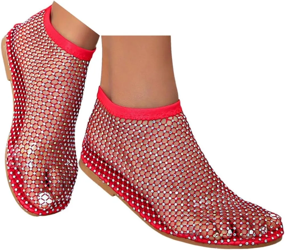 Mesh Ballet Flats for Women Slip On Shiny Mesh Flats Round Toe Sparkly Rhinestone Sandals Sexy Fishnet Sandals Beach Casual Dress Flats Comfortable