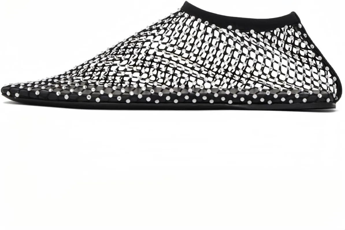 Mesh Ballet Flats Round Toe Shiny Gem Mesh Flats Rhinestone Short Boots Sexy Sandals Cutout Sparkly Comfortable Beach Casual Dress Flats for Women