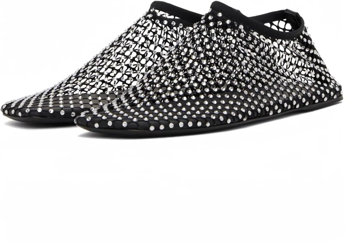 Mesh Ballet Flats Round Toe Shiny Gem Mesh Flats Rhinestone Short Boots Sexy Sandals Cutout Sparkly Comfortable Beach Casual Dress Flats for Women