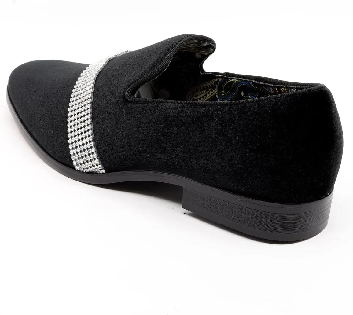 Metrocharm Men's Velvet Smoking Slipper with Rhinestone Embellished Strap Dress Tuxedo Loafer Slip On Shoe SM-10