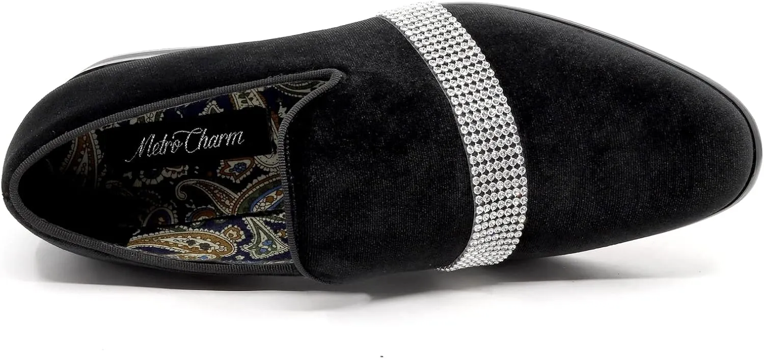 Metrocharm Men's Velvet Smoking Slipper with Rhinestone Embellished Strap Dress Tuxedo Loafer Slip On Shoe SM-10